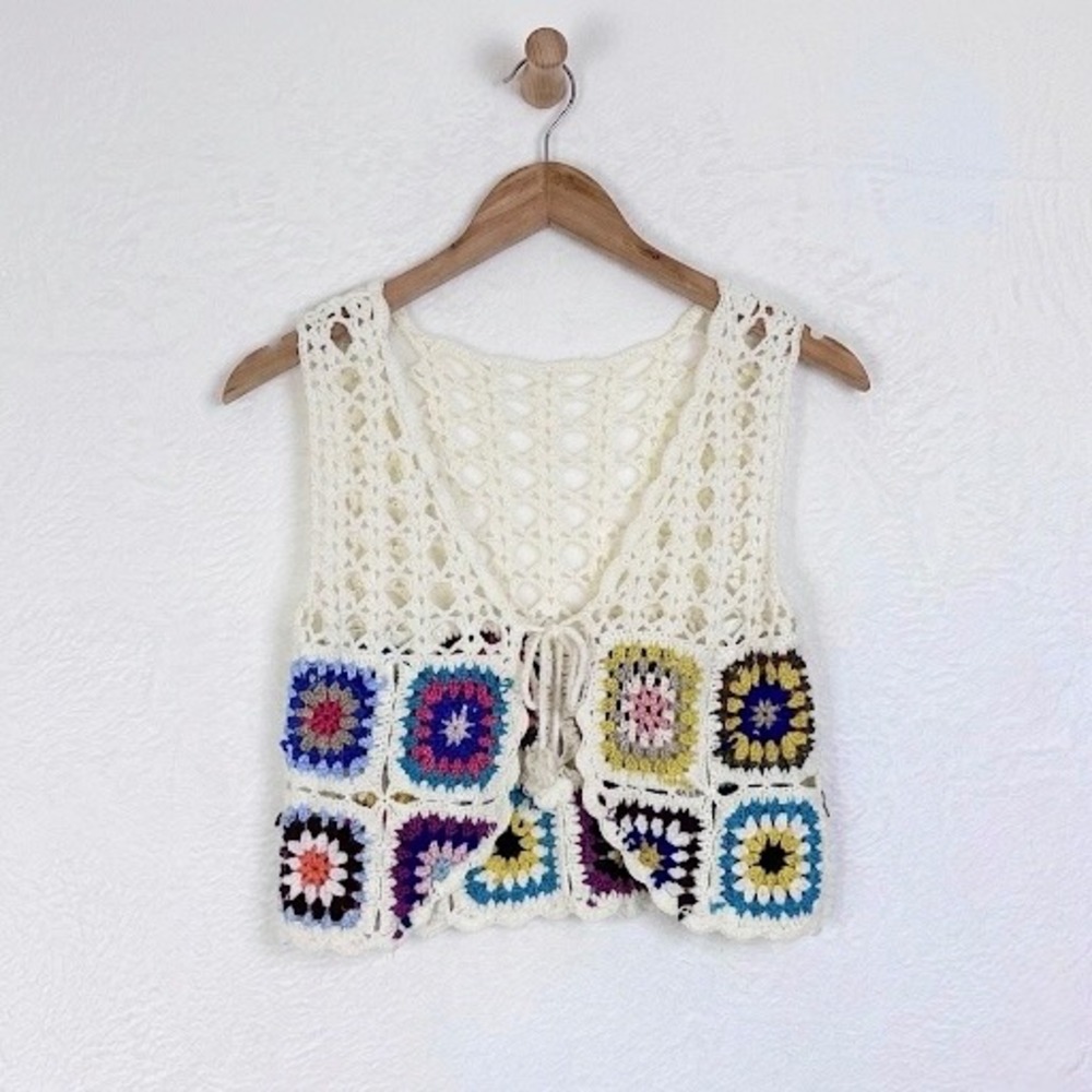 SHEIN Crochet Granny Square Vest Multicolor Boho Tie Front White Small Festival